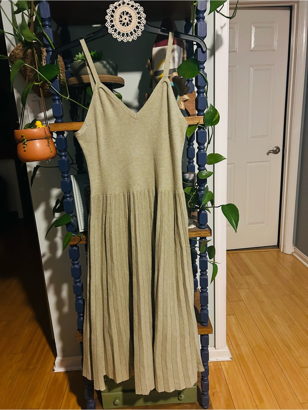 a new day Sage Green V-Neck Pleated Midi Knit Dress